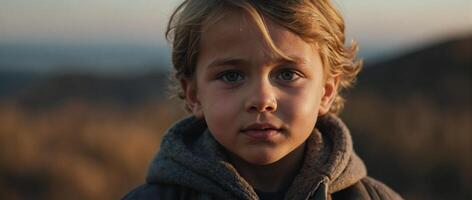 A young boy stares into the camera while standing in front of a mountain photo