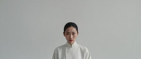 A woman in a white robe standing in front of a white wall photo