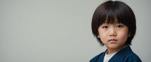 A young boy with dark hair and a blue shirt photo