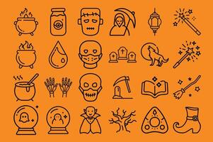 Halloween Icon Set With Witchcraft Elements, Spooky Characters, and Haunted Objects in Line Style vector