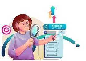 Business concept illustrations. Seo analysis modern flat concept for web banner design. Woman analyst studies data, selects keywords and optimizes site for popular search queries vector