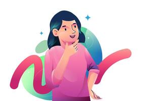 A woman finding Idea illustrations. finding solution, thinking, sharing offers, lightbulbs. Creativity, creation process vector