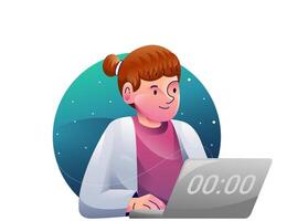 Education concept illustrations. Modern flat design illustration of a woman working on something in front of a laptop until midnight. vector