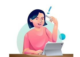 A woman finding Idea illustrations. finding solution, thinking, sharing offers, lightbulbs. Creativity, creation process. vector