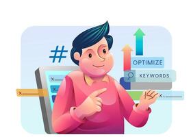 Seo analysis modern flat concept for web banner design. Man analyst studies data, selects keywords and optimizes site for popular search queries. vector