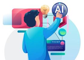 AI technology concept. People and artificial intelligence robots communication. Human using text and image chatbots for business help. Modern flat design illustration. vector
