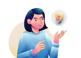 A woman finding Idea illustrations. finding solution, thinking, sharing offers, lightbulbs. Creativity, creation process. vector