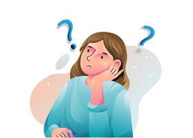 Girl thinking concept illustrations. a woman confused looking for answers and creating solution. Innovation and problem solution. vector