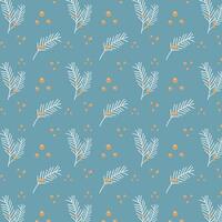 Blue winter pattern with fir spruce branches and berries. vector