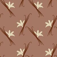 Pattern with beige vanilla flowers and sticks pod, on mocha mousse background. vector
