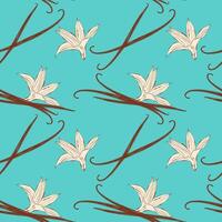Pattern with aromatic spices Vanilla, flowers and vanilla sticks on bright blue background. vector