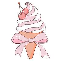 Pink Cherry Ice Cream Cone with Ribbon Bow vector
