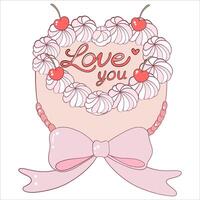 Heart-Shaped Cake with Pink Bow and Cherry Decoration vector