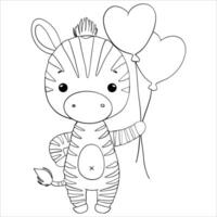 Cute Zebra with Heart Balloons Coloring Page vector