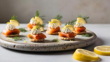 Smoked salmon appetizer with cream cheese and lemon photo