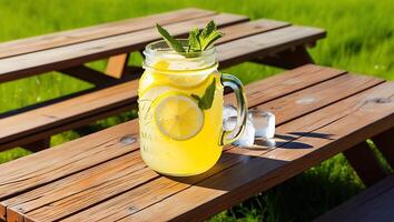 A pitcher of lemonade on a picnic table photo
