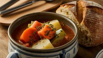 A bowl of soup with carrots, potatoes and bread photo