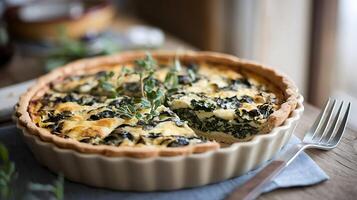 A quiche with spinach and cheese on a table photo