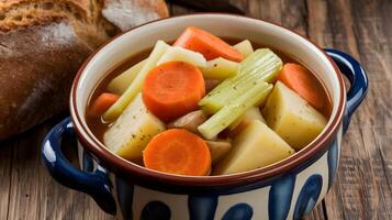 A bowl of soup with carrots, celery and bread photo