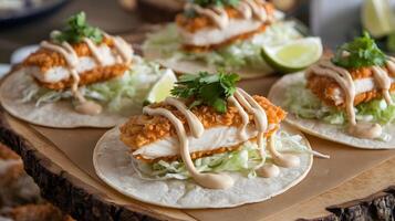 Three tacos with chicken and lettuce on a wooden tray photo