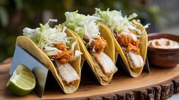 Three tacos on a wooden board with a lime photo