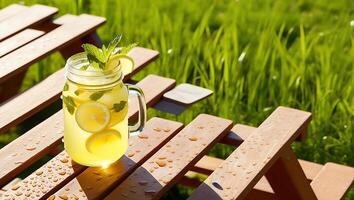 A glass jar with lemon slices and mint on a picnic table photo