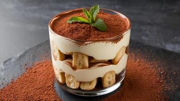 Banana and chocolate pudding dessert in glass with chocolate powder photo