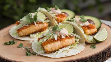 Three tacos with lettuce, avocado and lime photo