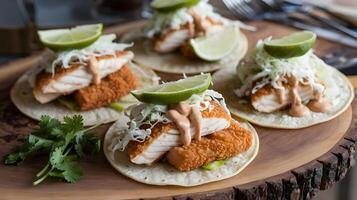 Three fish tacos with lime and cilantro photo