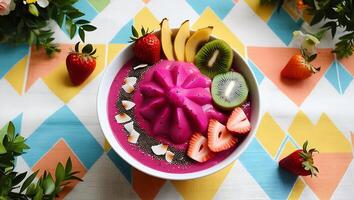 A bowl of pink smoothie with kiwi, strawberries and bananas photo