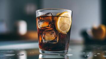 A glass of cola with ice and lemon photo