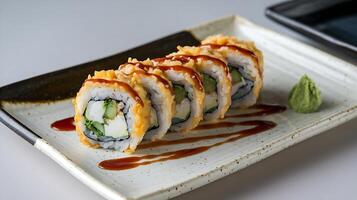 A sushi roll with sauce and green leaf on it photo