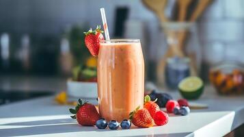 A smoothie with strawberries, blueberries and strawberries photo