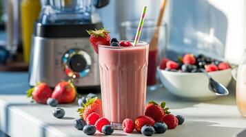 A smoothie with berries and strawberries in front of a blender photo