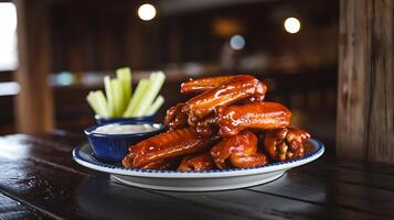 A plate of wings with celery and dip photo