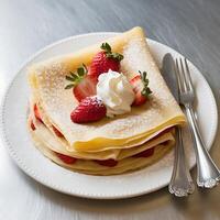 A plate with a crepe on it with strawberries and whipped cream photo