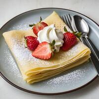 A crepe with strawberries and whipped cream photo