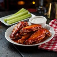 Chicken wings with ranch sauce and celery on a plate photo