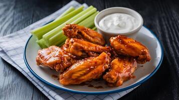 Chicken wings with celery and ranch dressing photo