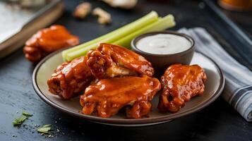 Buffalo wings with celery and ranch dressing on a plate photo