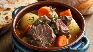A bowl of beef stew with carrots and potatoes photo