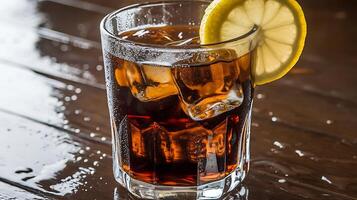 A glass of cola with ice and a lemon wedge photo