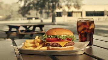 A hamburger and a glass of cola sit on a table photo