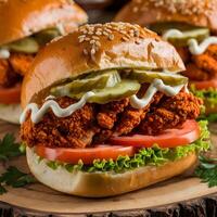A close up of three chicken sandwiches on a wooden board photo