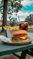 A hamburger and fries on a picnic table photo