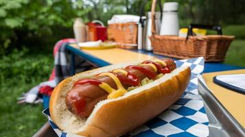 A hot dog with ketchup and mustard on it sitting on a picnic table photo
