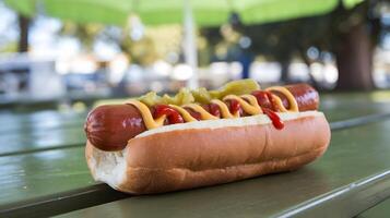 A hot dog with ketchup and mustard on it photo