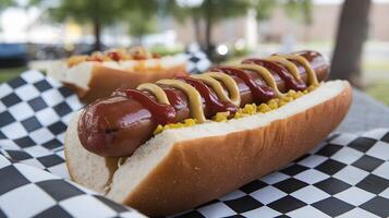 A hot dog with ketchup and mustard on it photo