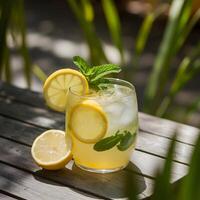 A glass of lemonade with a slice of lemon and a mint leaf photo
