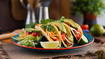 Three tacos are sitting on a plate with a lime wedge photo